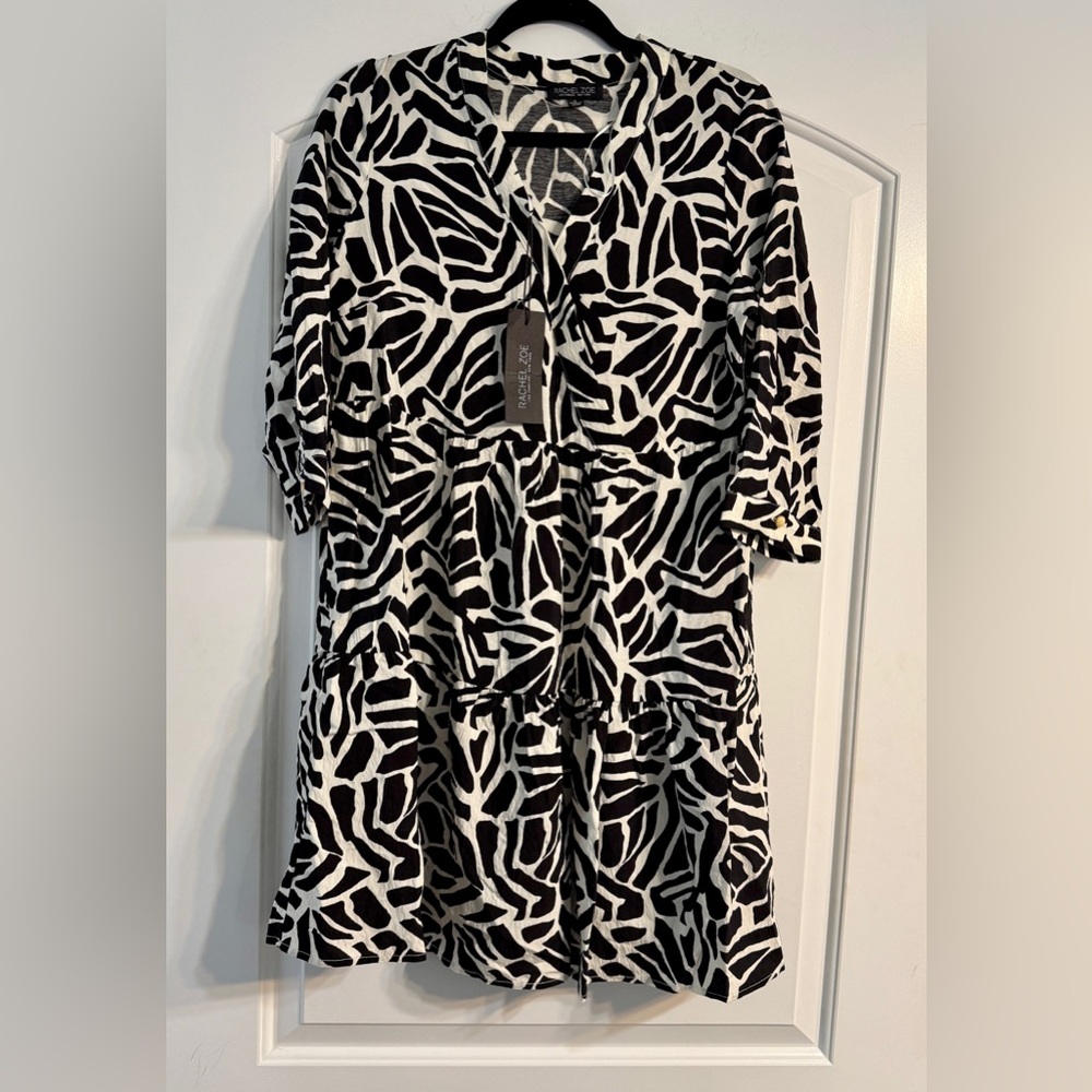 Rachel Zoe Tiered Mini Dress Womens Small Black White Abstract NWT 3/4 Sleeve
